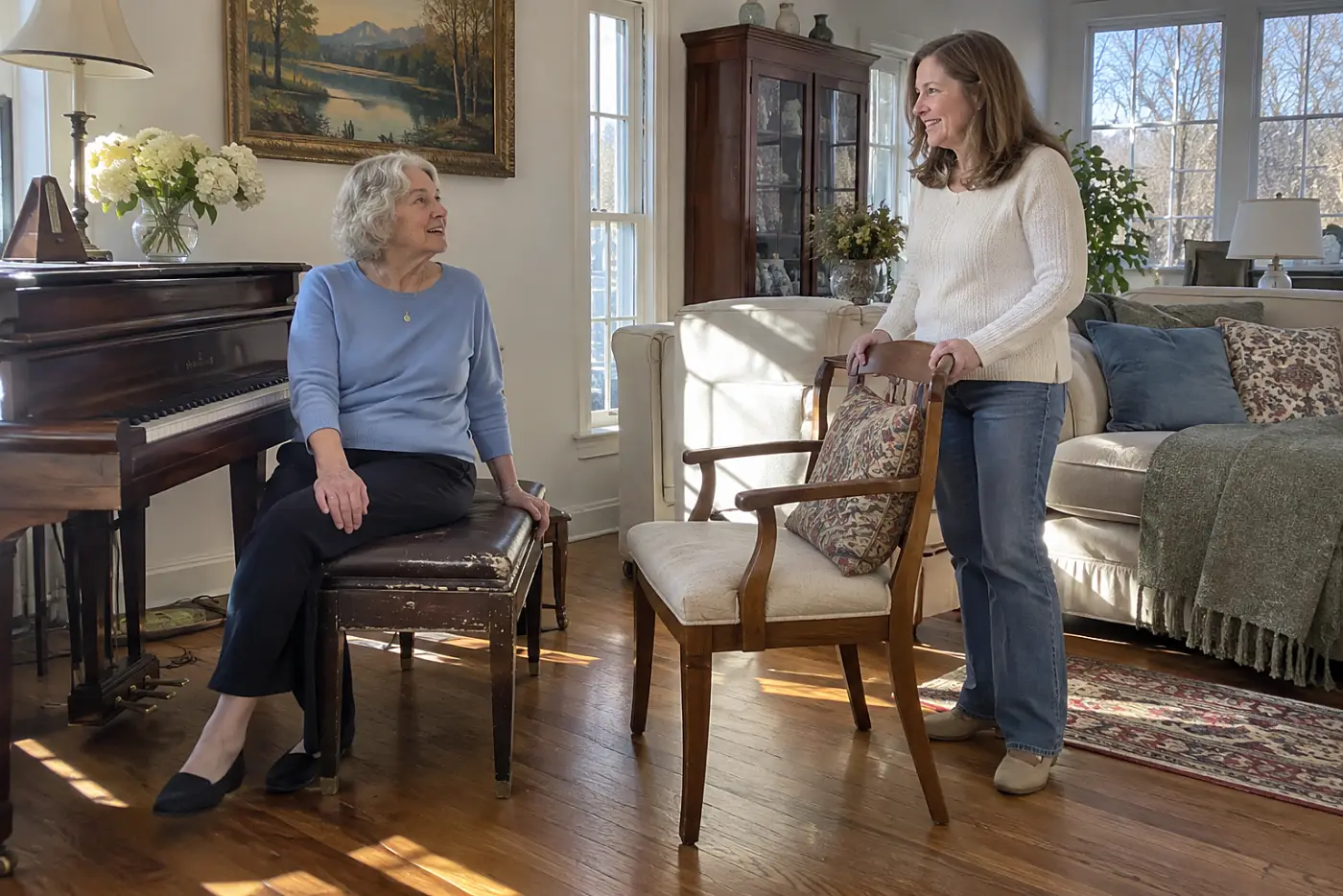 Older woman sitting beside her piano while speaking with a relative in her living room.