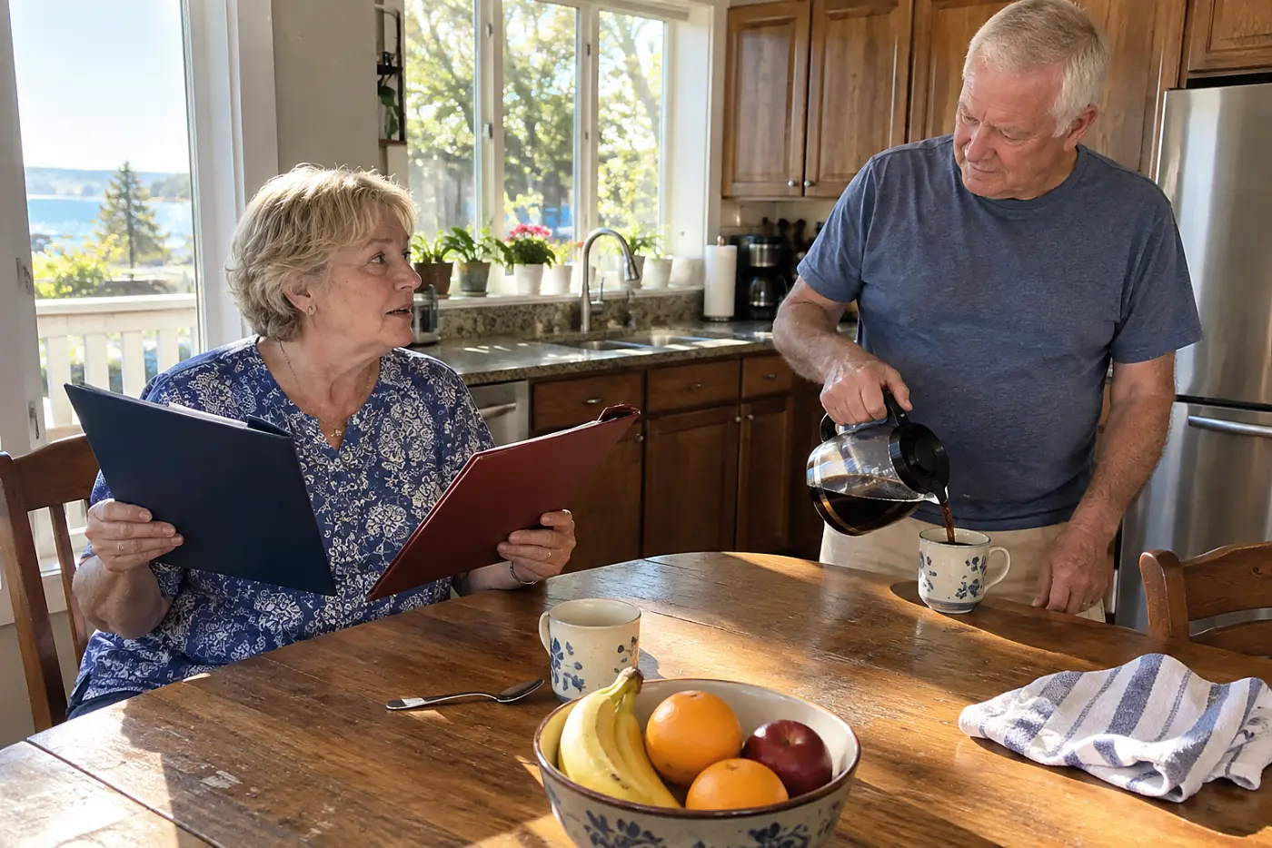 Older woman comparing a cruise invoice with her booking confirmation at her kitchen table.