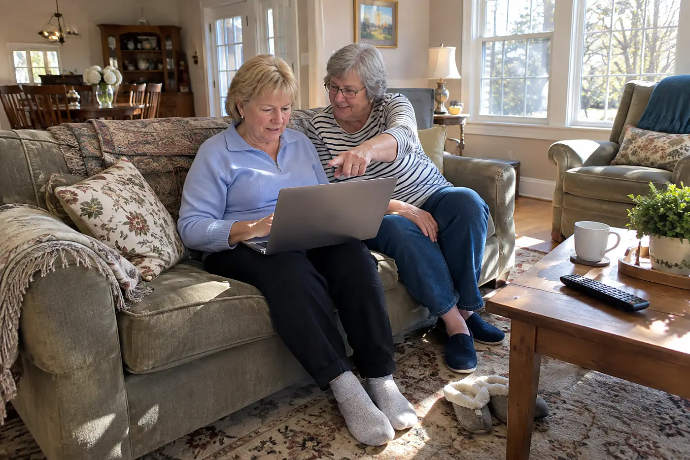 Older woman comparing two excursion listings on a laptop in her living room.