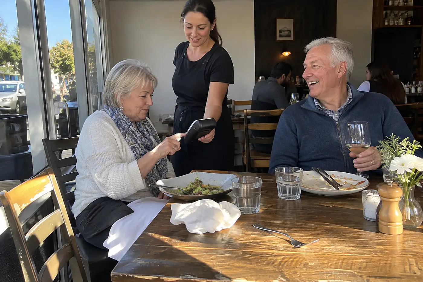 Woman checking a card terminal before paying at a restaurant.