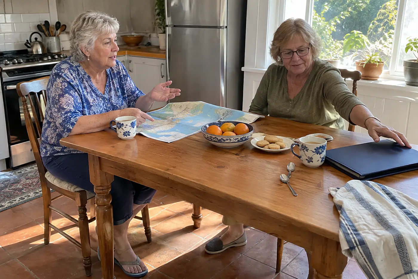 Woman sharing her travel dates with a friend at the kitchen table.