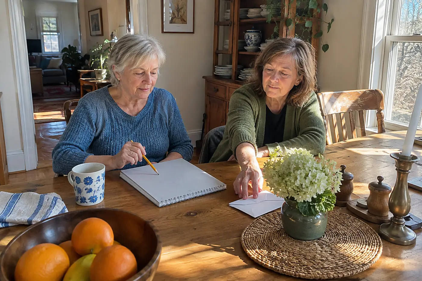 Woman marking museum reservations on a calendar at her dining table.