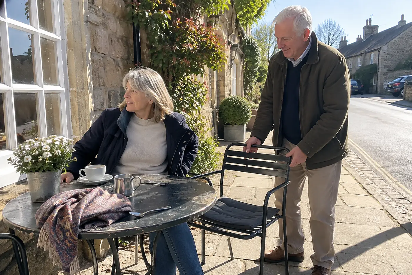Older woman sitting at a café table after visiting a house on the same street.