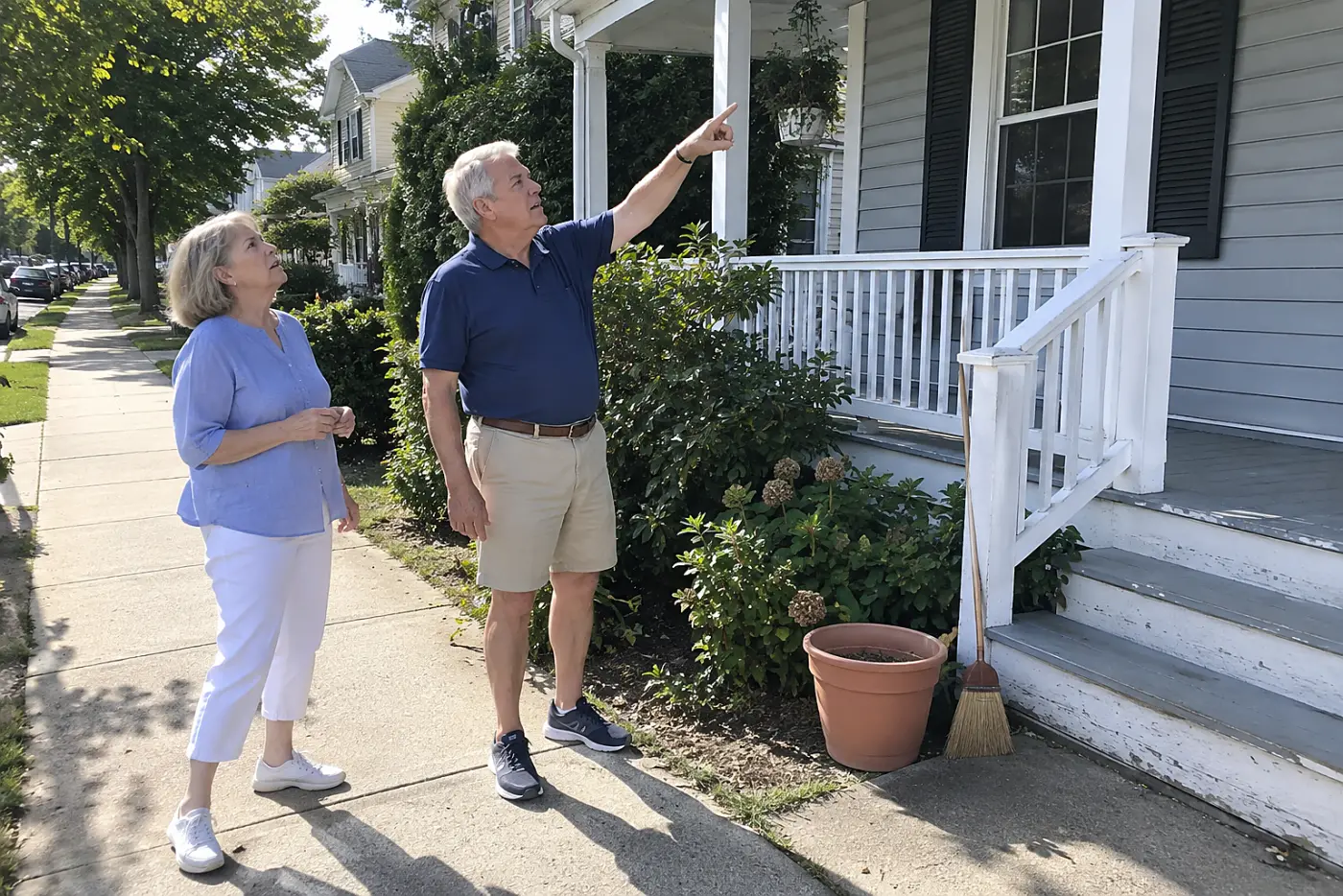 Older woman looking at a porch from the public sidewalk.