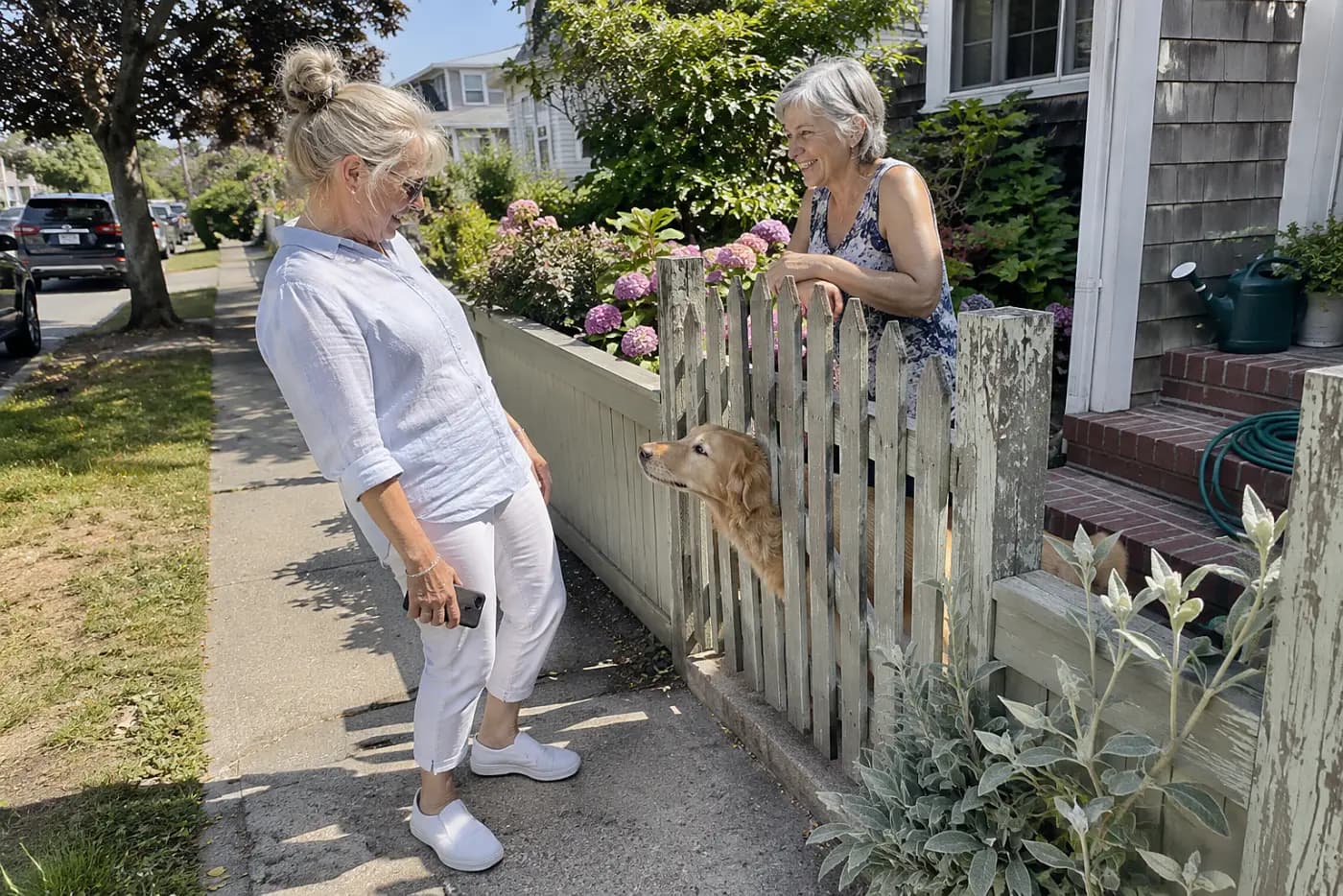 Older woman holding her phone outside a house on a residential street.