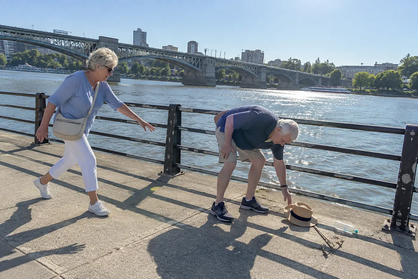 Older woman looking at a river from a public path near a bridge.