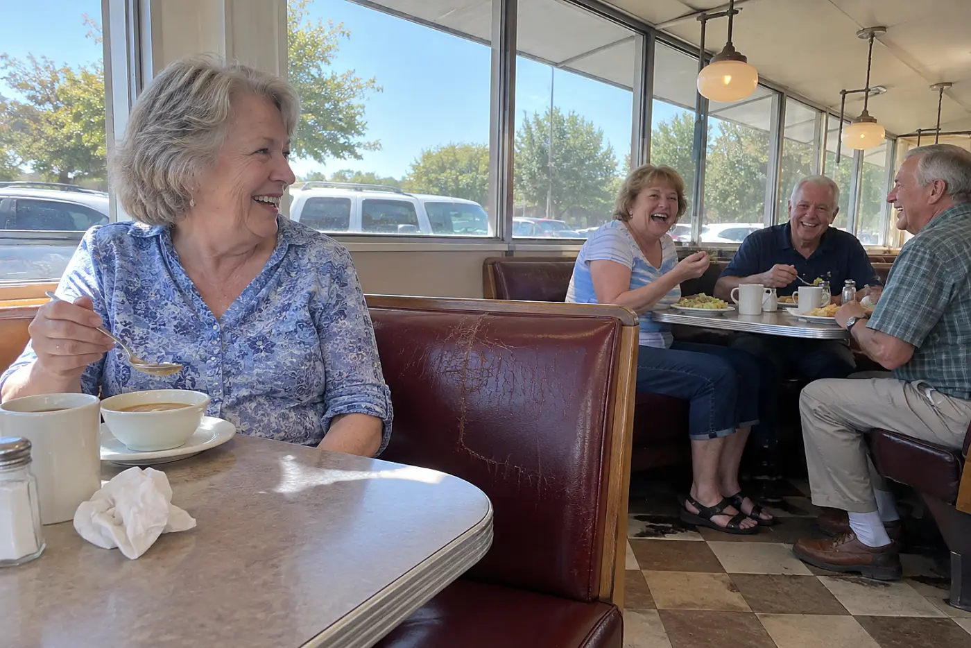 Older woman sitting in a diner while another family eats in a booth nearby.