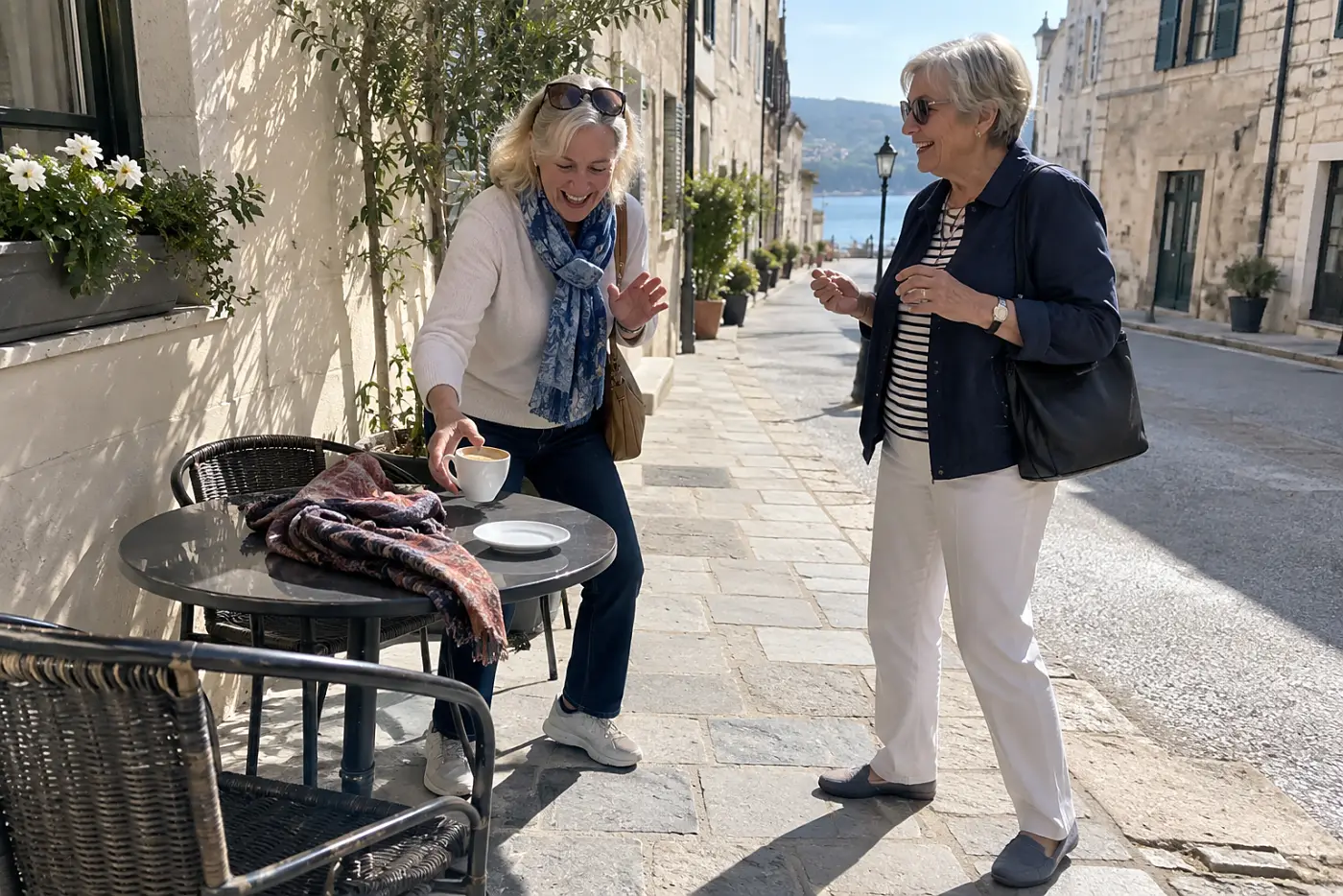 Two older women talking beside a café table on a town sidewalk.