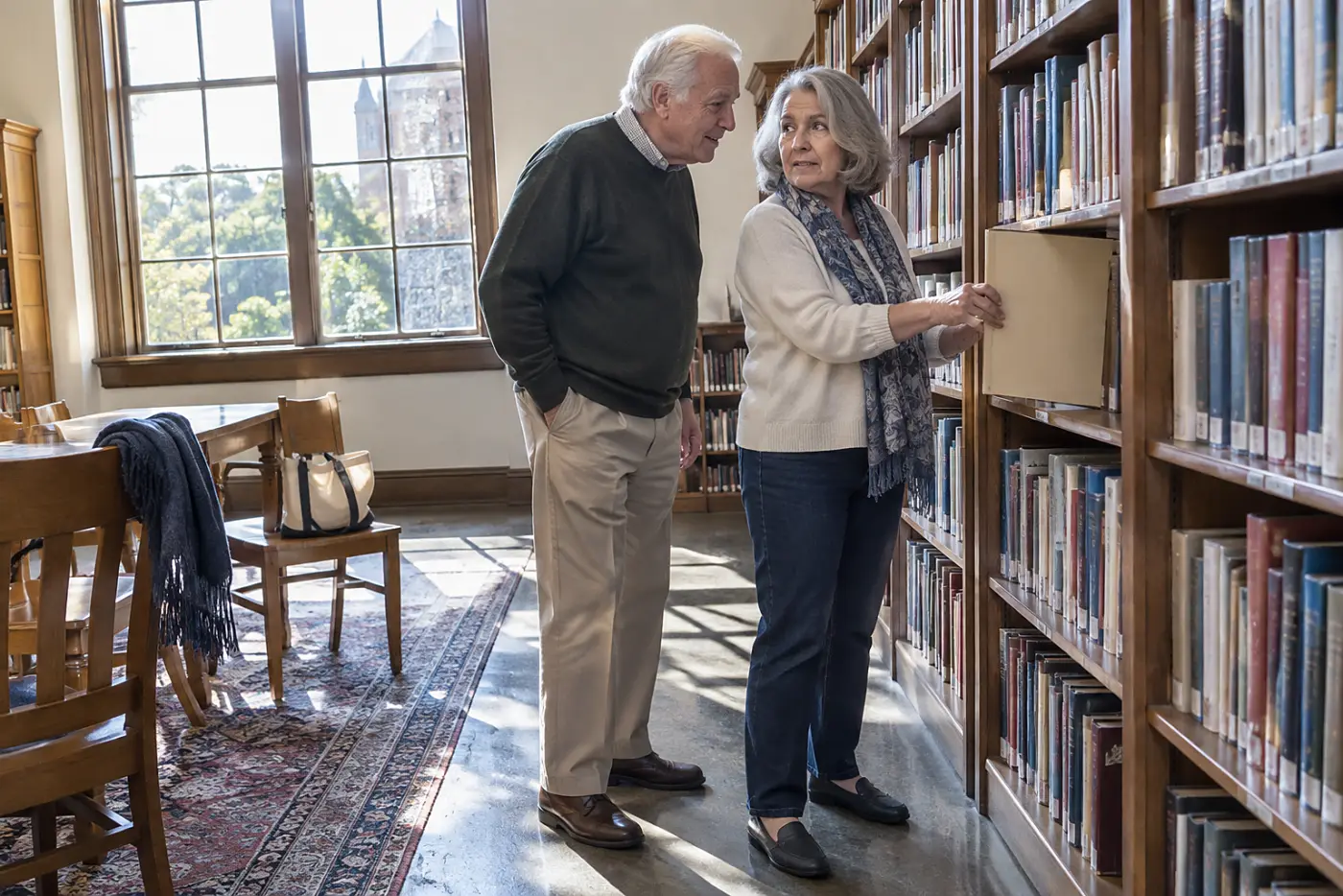 Older woman browsing a shelf inside a public library.