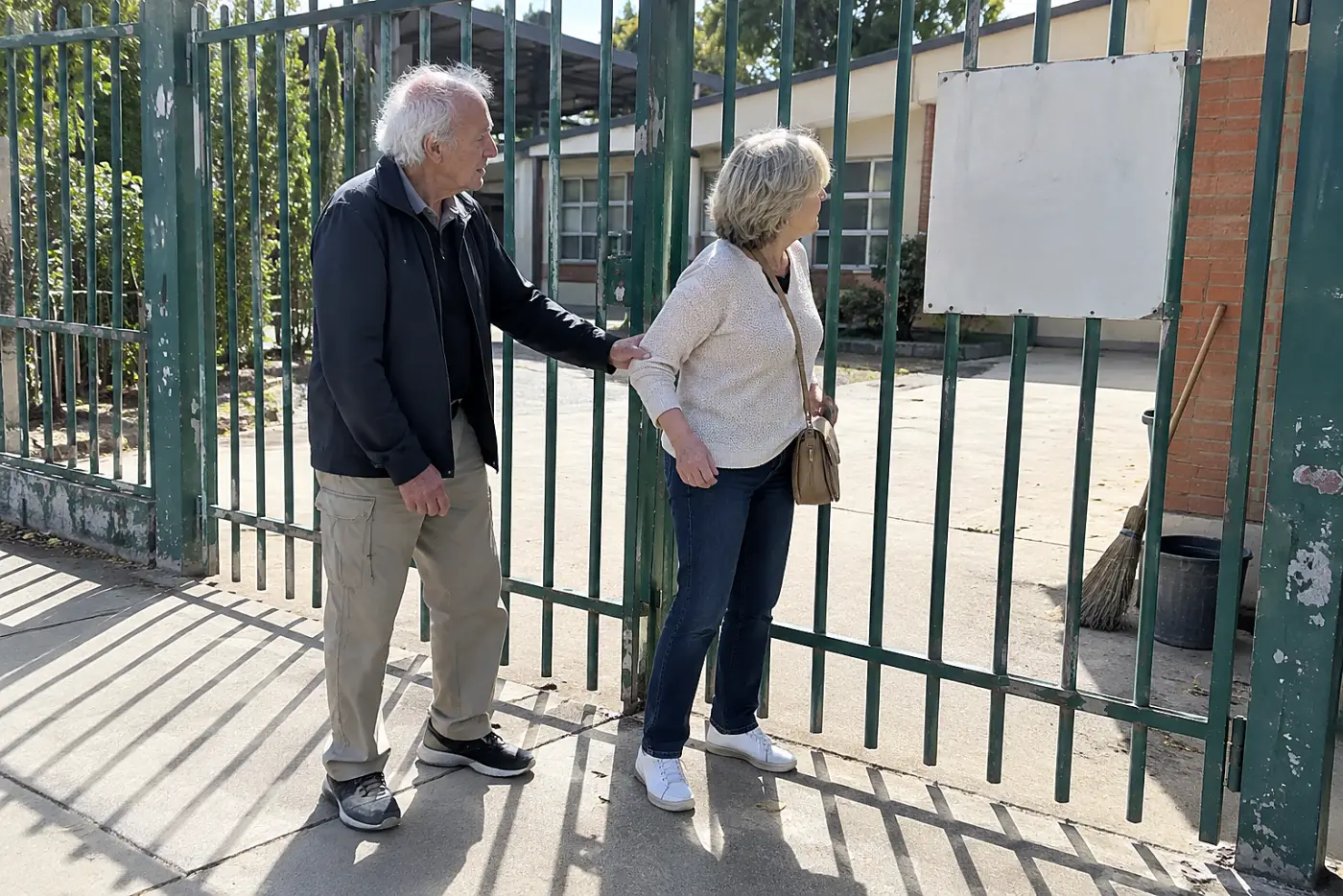 Older woman reading a posted sign outside a closed school gate.