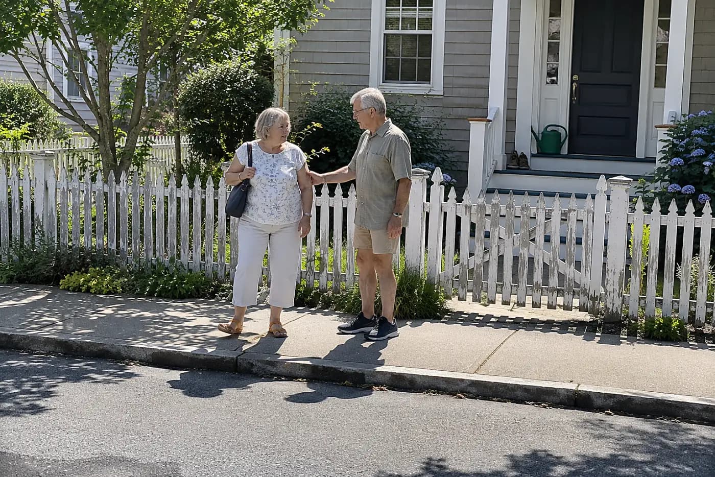 Older woman standing on a public sidewalk across from a fenced house.
