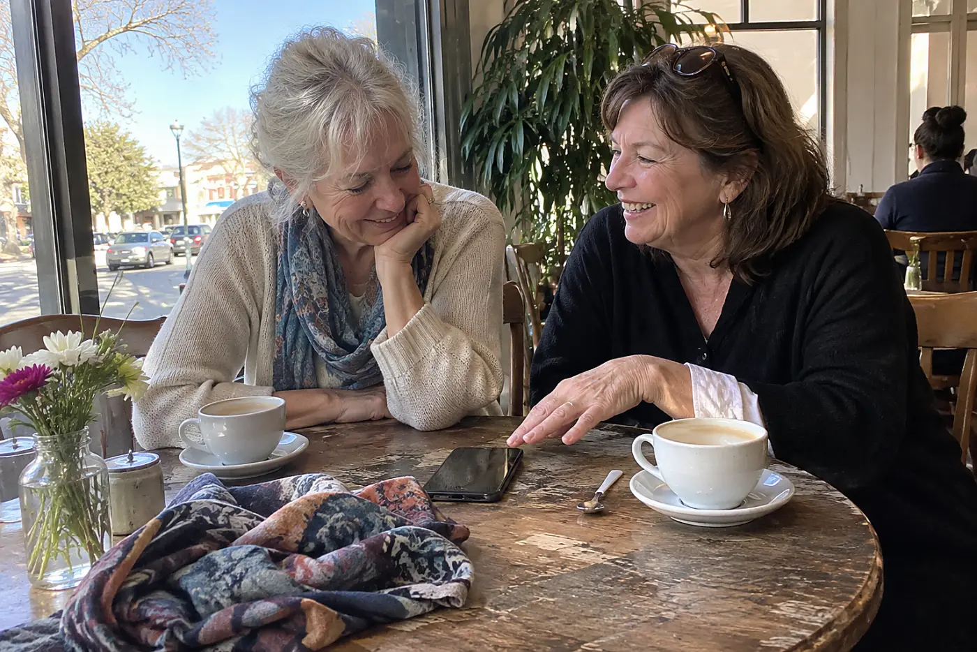 Older woman looking at a yearbook photo on a friend's phone at a café table.