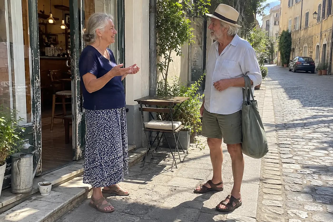 Older woman speaking with a neighbor outside a corner café.