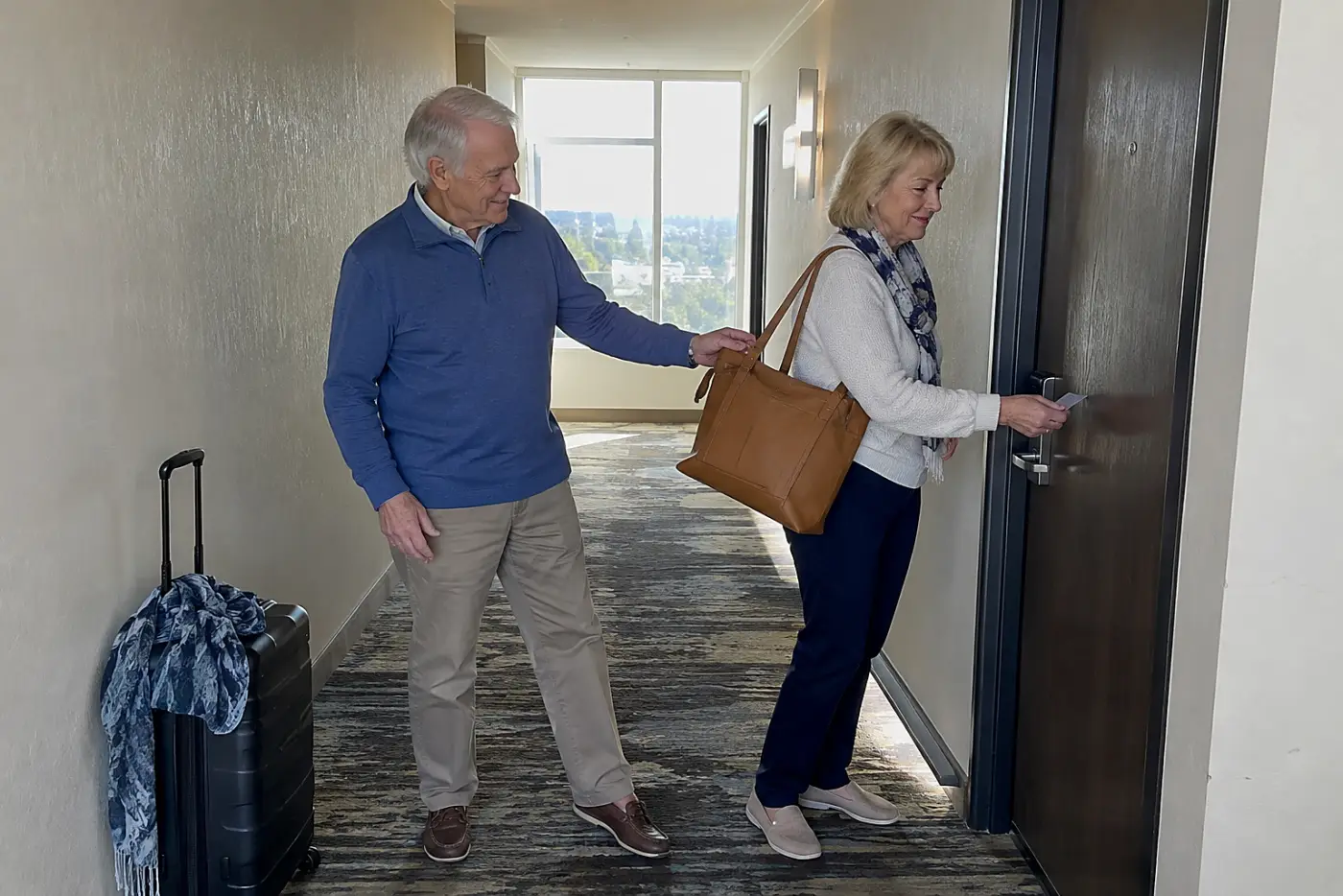 Older woman unlocking a hotel room door with a key card.