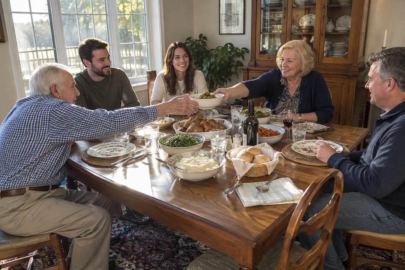 Older woman passing a bowl of pickles across a family dinner table.