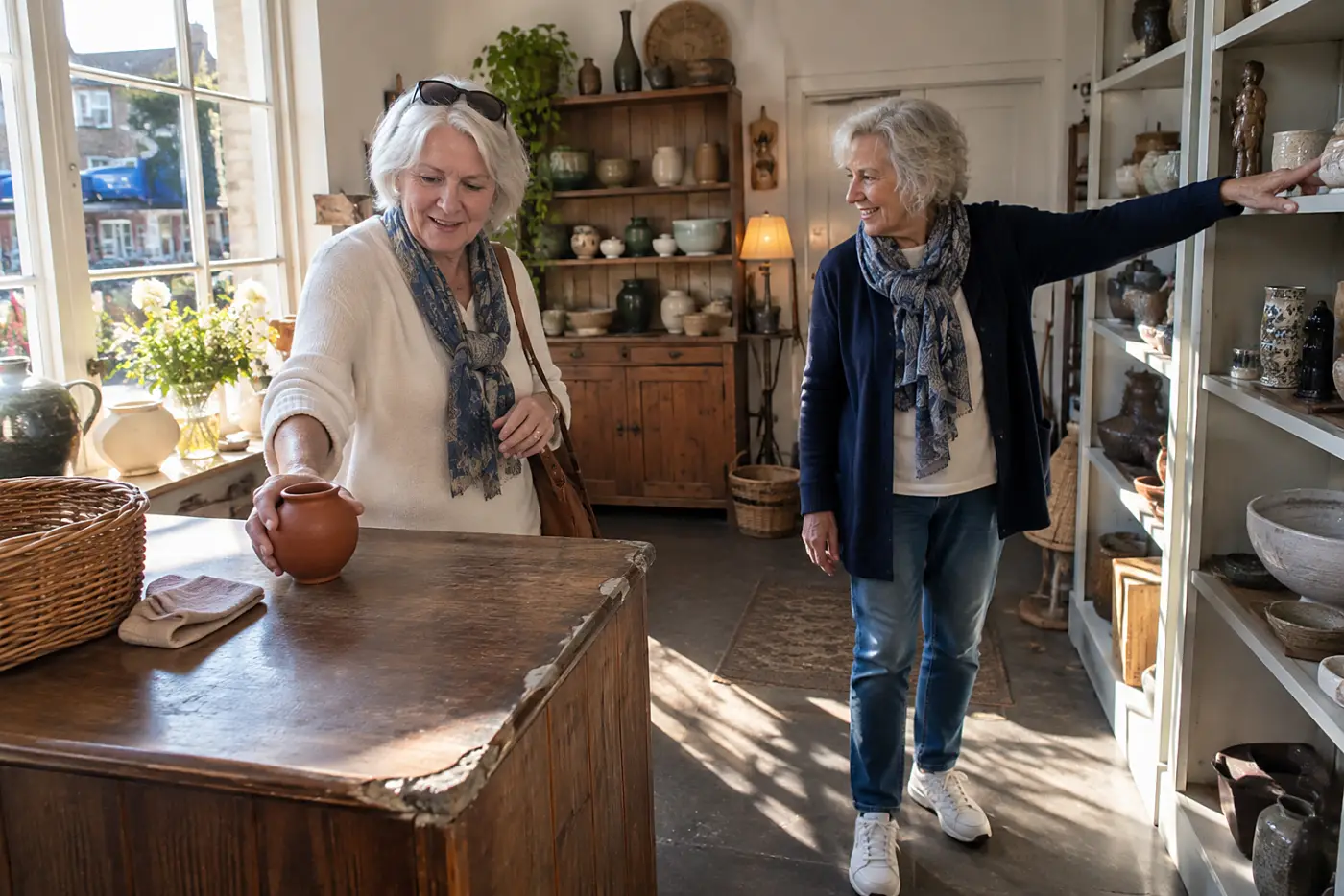 Older woman setting down a town souvenir inside a small shop.