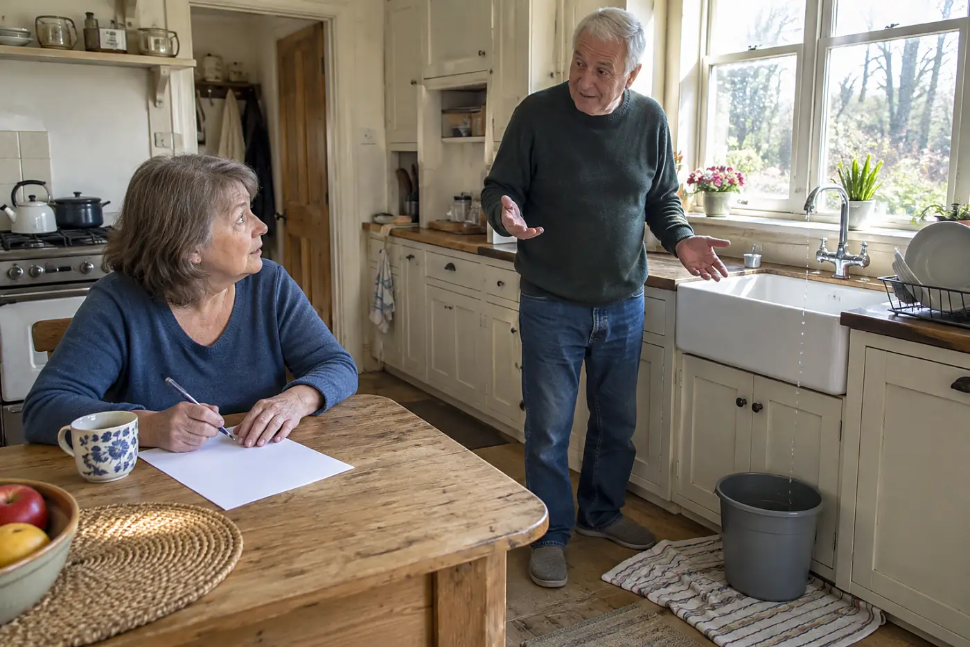 Older woman writing service numbers on a sheet at her kitchen table.