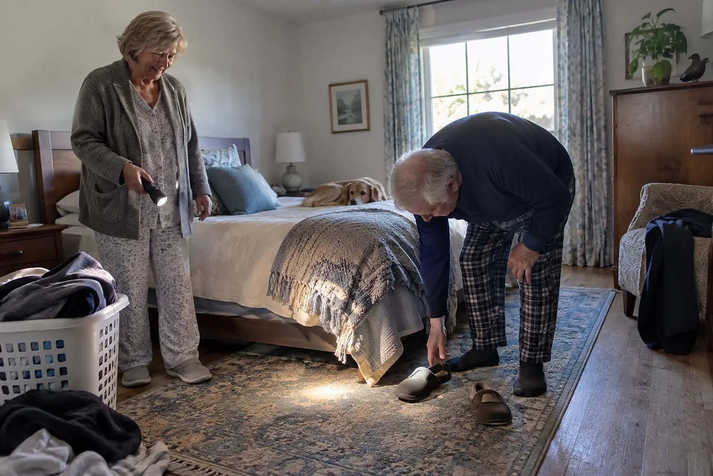 Older woman testing a flashlight beside her bed.