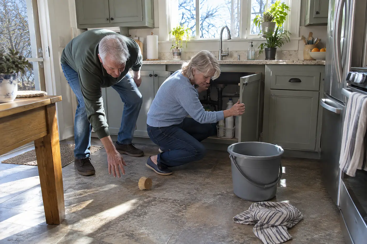 Older woman opening a kitchen sink cabinet to inspect pipes along an exterior wall.