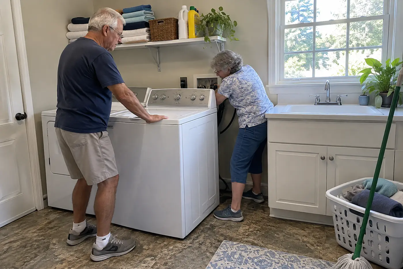 Older woman checking washer hoses behind her laundry room appliance.