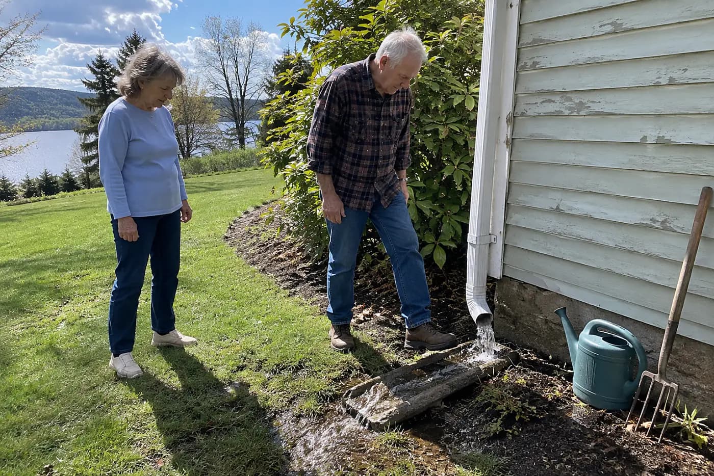 Older woman watching water leave a downspout beside her house.