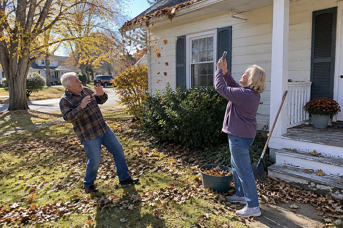 Older woman photographing a leaf-filled gutter from her front yard.