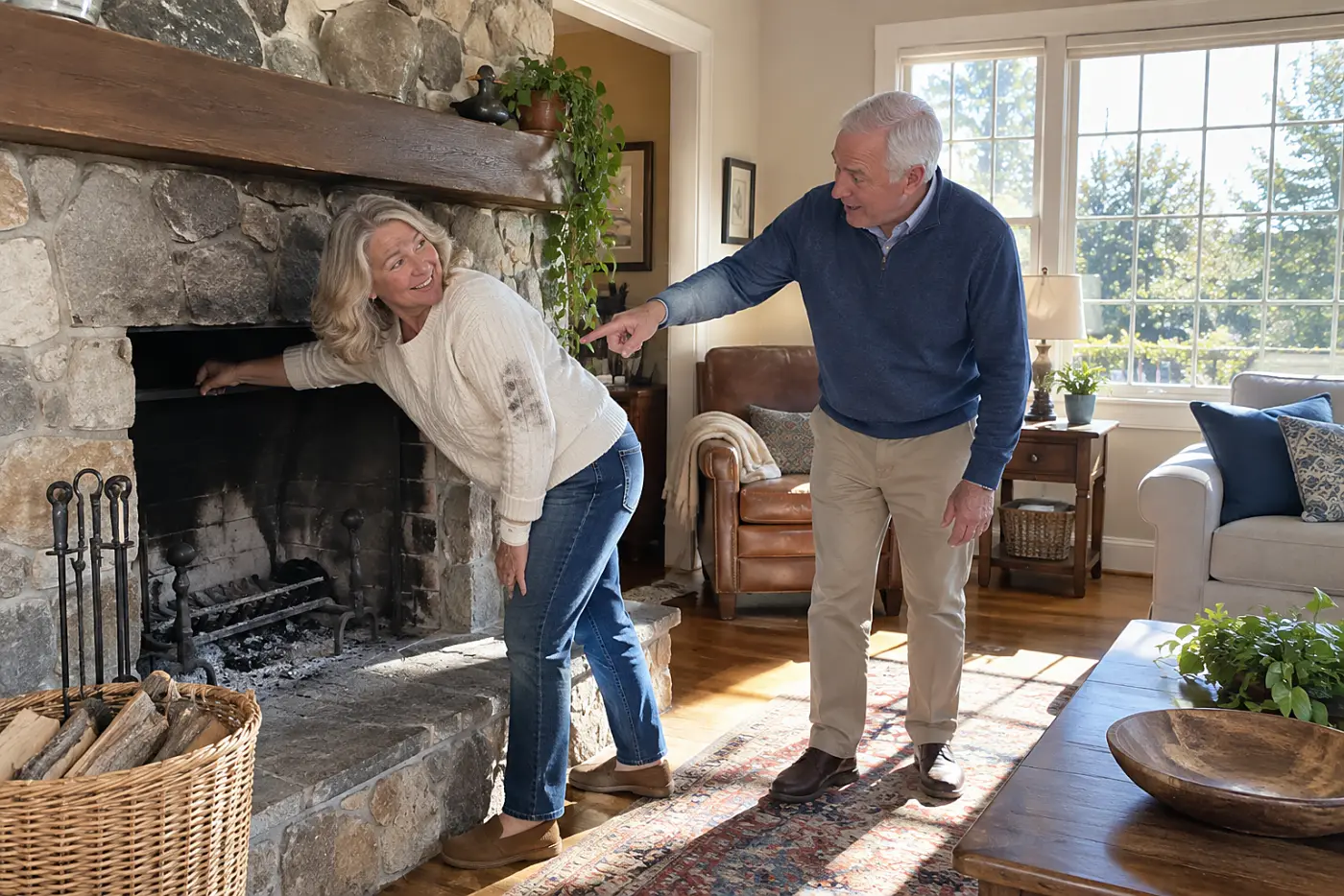 Older woman reaching for the fireplace damper control in her living room.