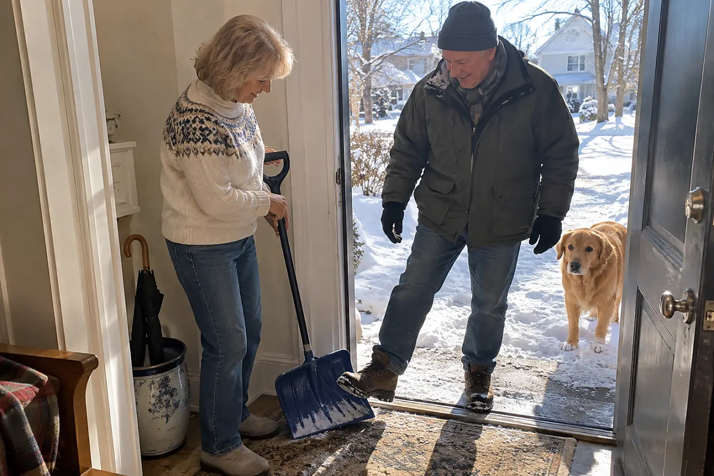 Older woman placing a snow shovel beside her front door.