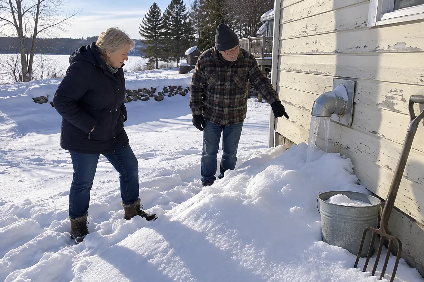 Older woman looking at a furnace exhaust pipe from her snow-covered yard.