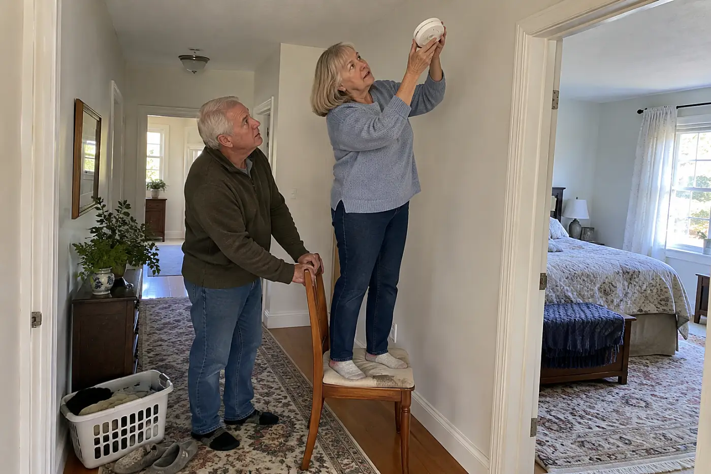 Older woman reading the date on a carbon monoxide alarm near her bedroom.