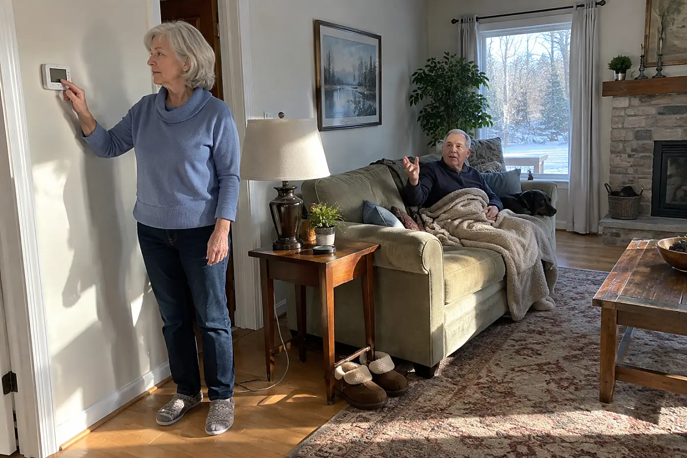 Older woman pressing the Heat setting on a thermostat in her living room.