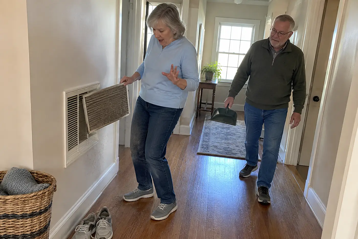 Older woman sliding a furnace filter from a return grille in her hallway.