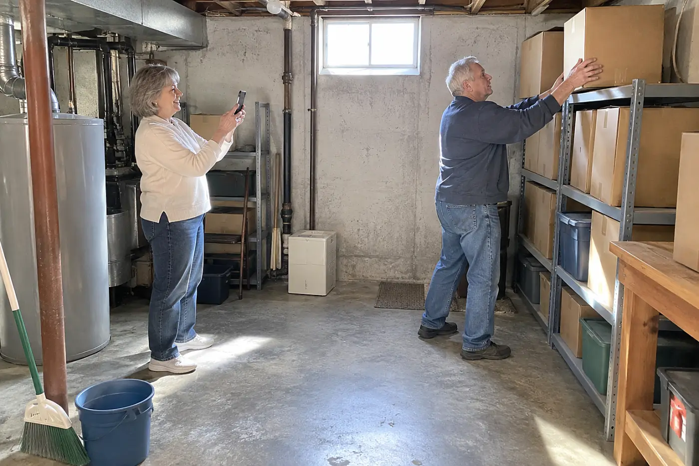 Older woman photographing stored boxes along her basement wall.