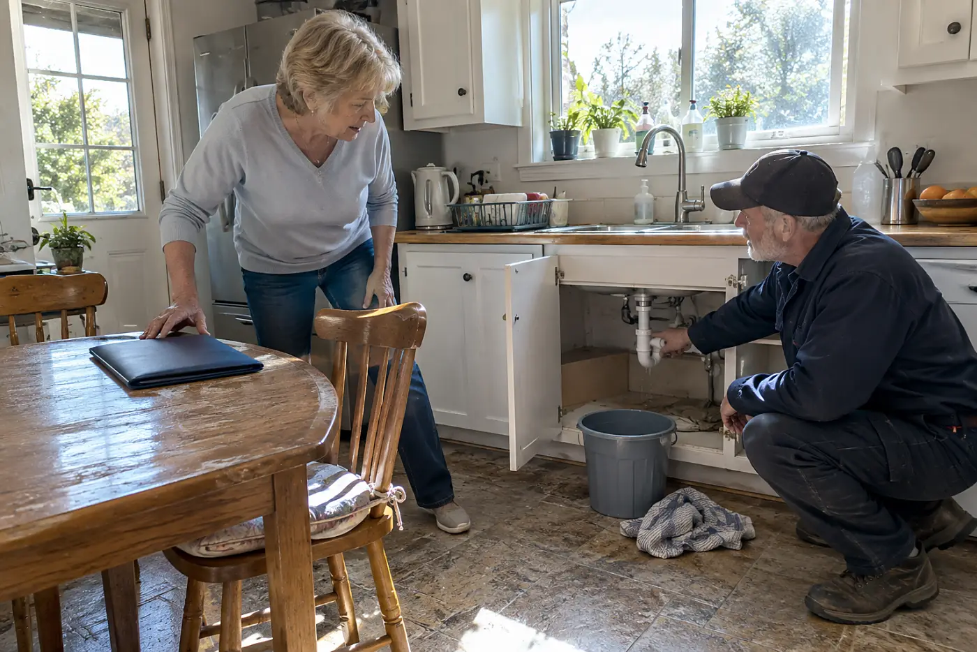 Older woman reading a repair estimate at her kitchen table.