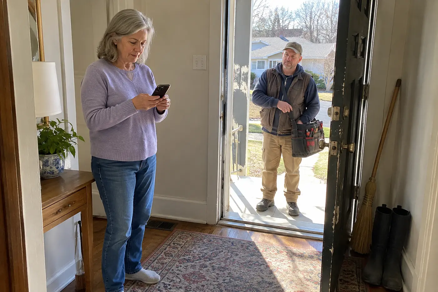 Older woman checking her phone before opening the door to a repair worker.