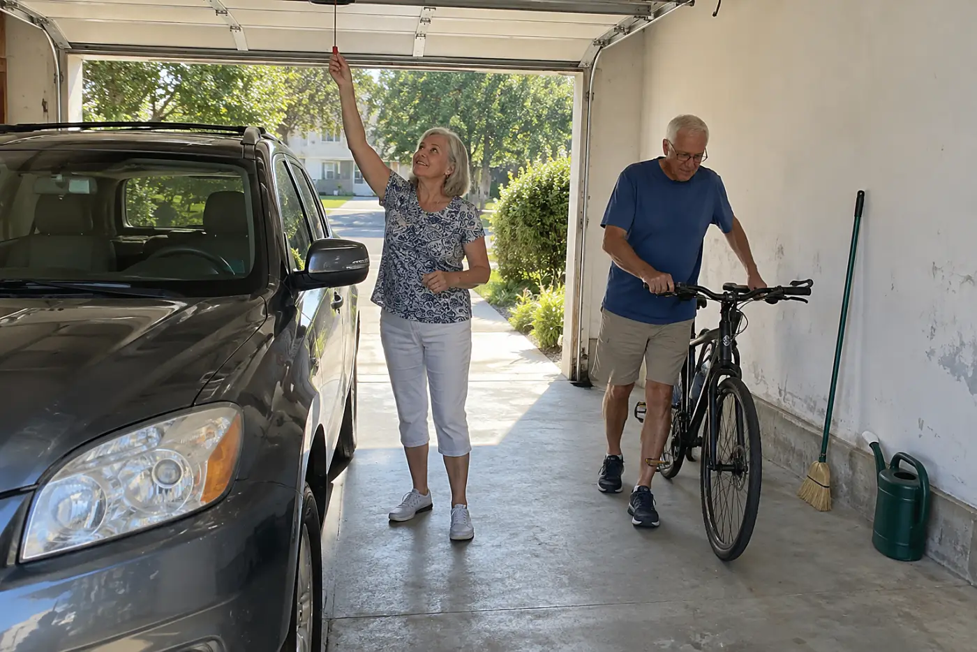 Older woman locating the manual release cord in her garage.