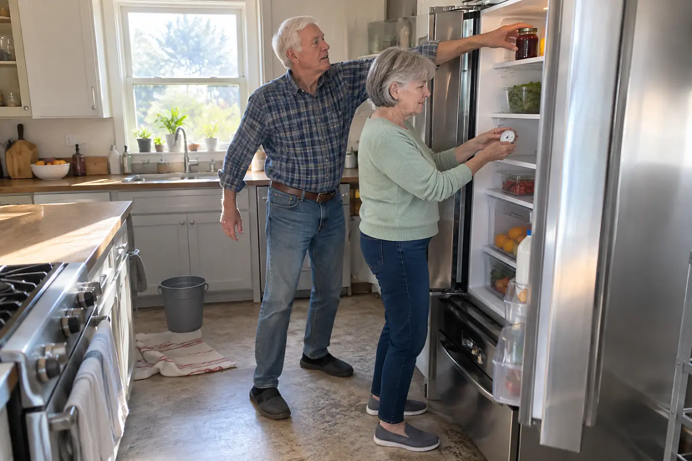 Older woman placing an appliance thermometer inside her kitchen refrigerator.