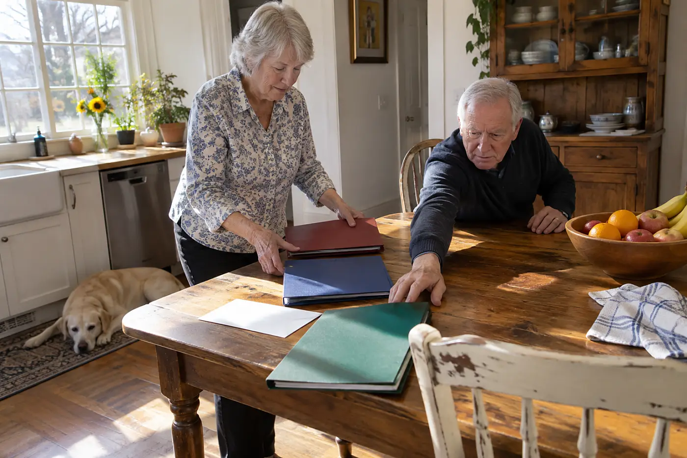 Older woman placing retirement account statements beside tax papers and a Medicare notice at her kitchen table.