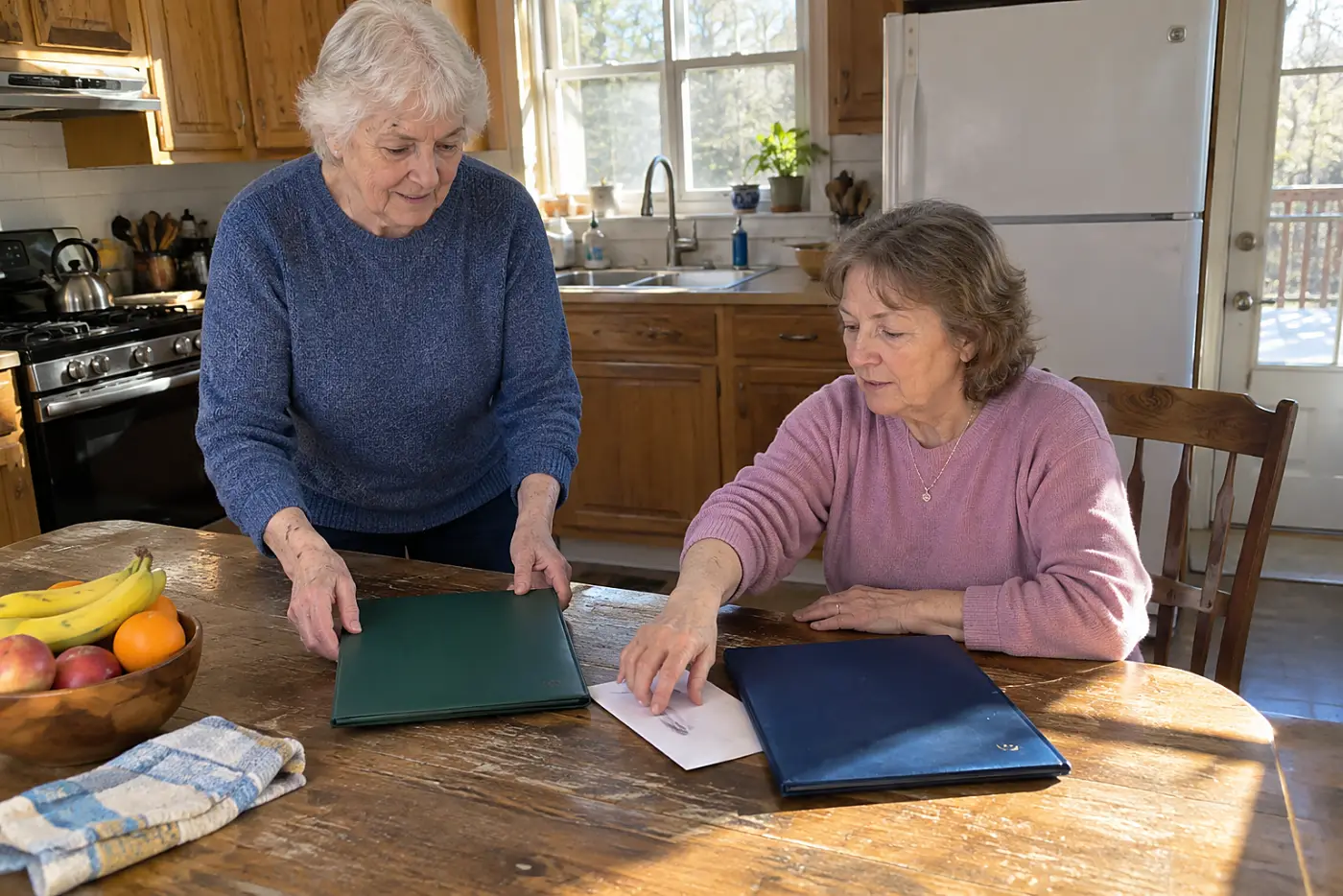Older woman comparing an annuity statement with its contract at her kitchen table.