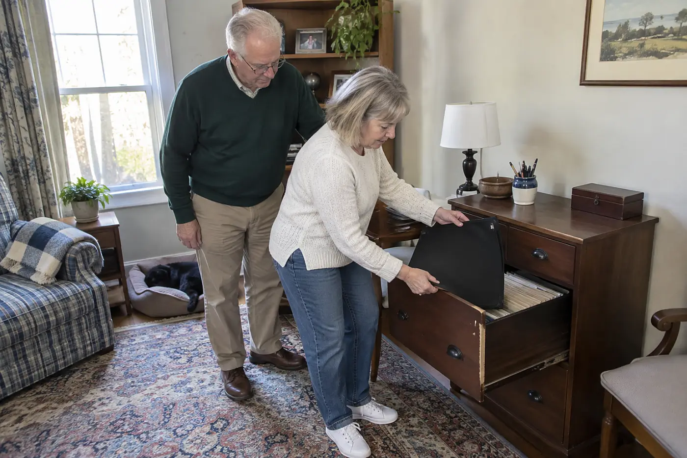Older woman taking a signed document from a drawer in her study.