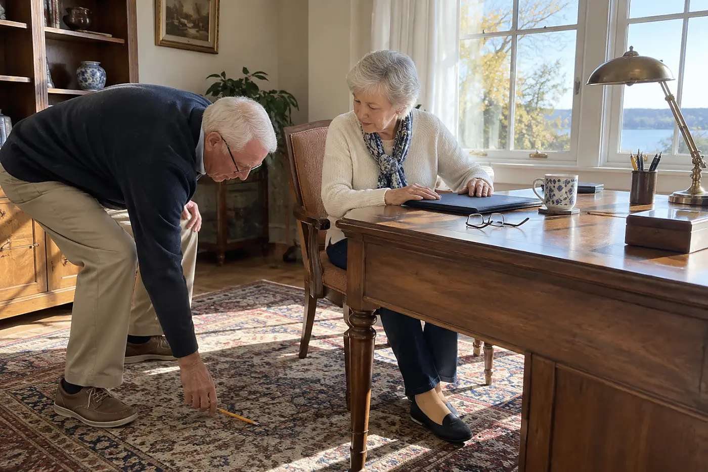 Older woman checking a beneficiary form at her desk.