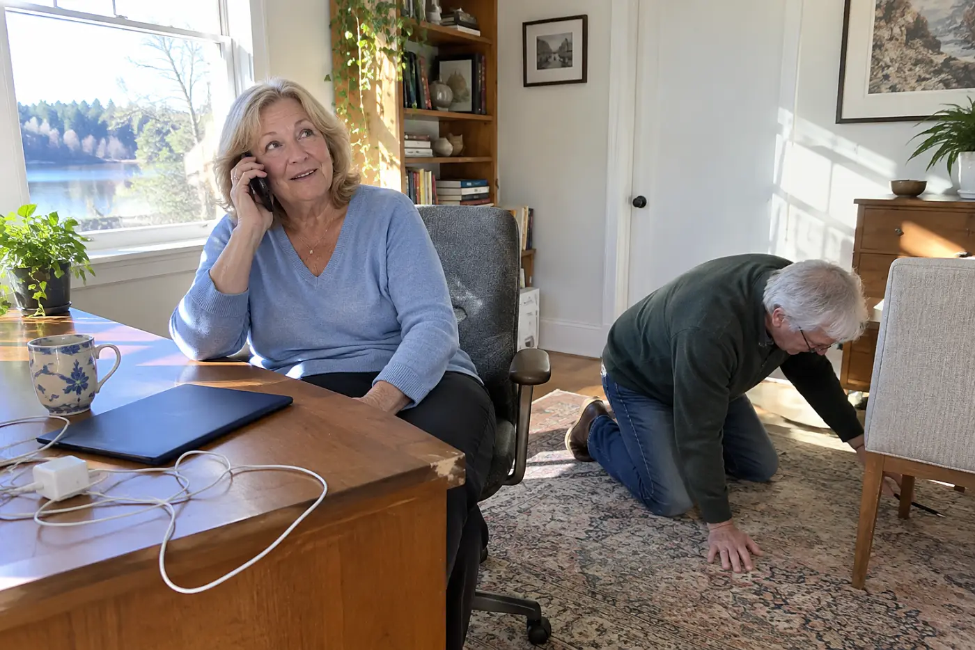 Older woman calling her retirement account provider from her home office.