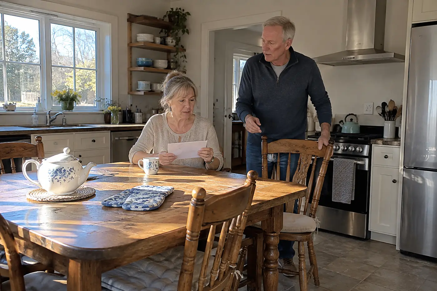 Older woman reading her Social Security benefit letter at her kitchen table.