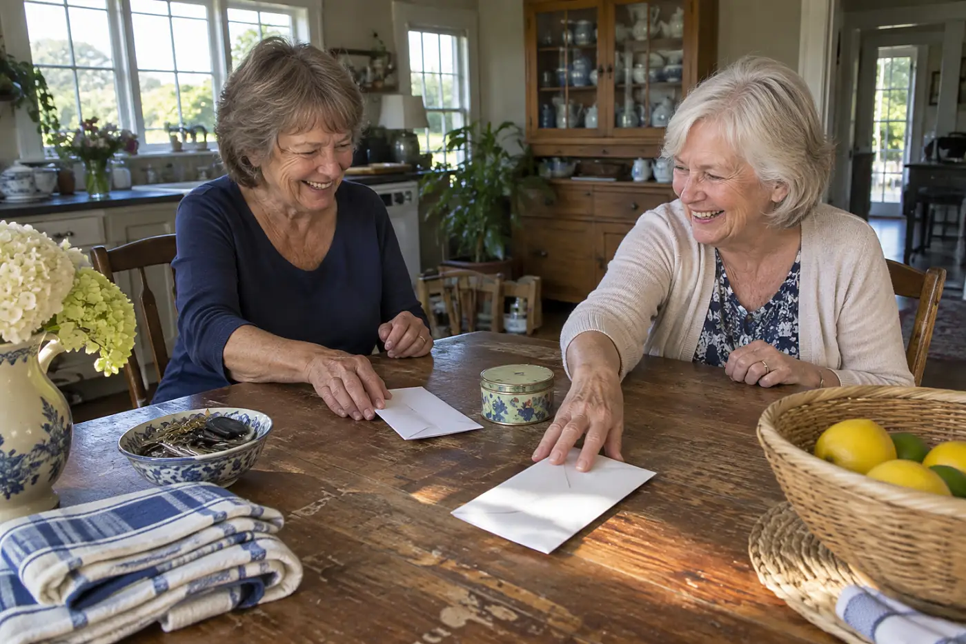 Older woman labeling a savings envelope at her dining table.