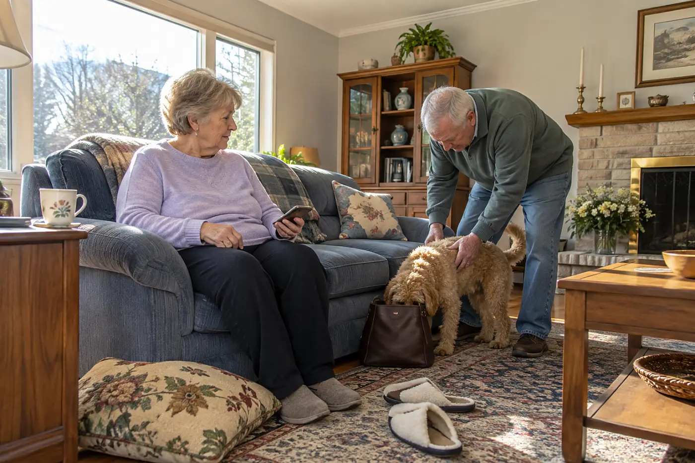 Older woman setting a bank alert on her phone in her living room.