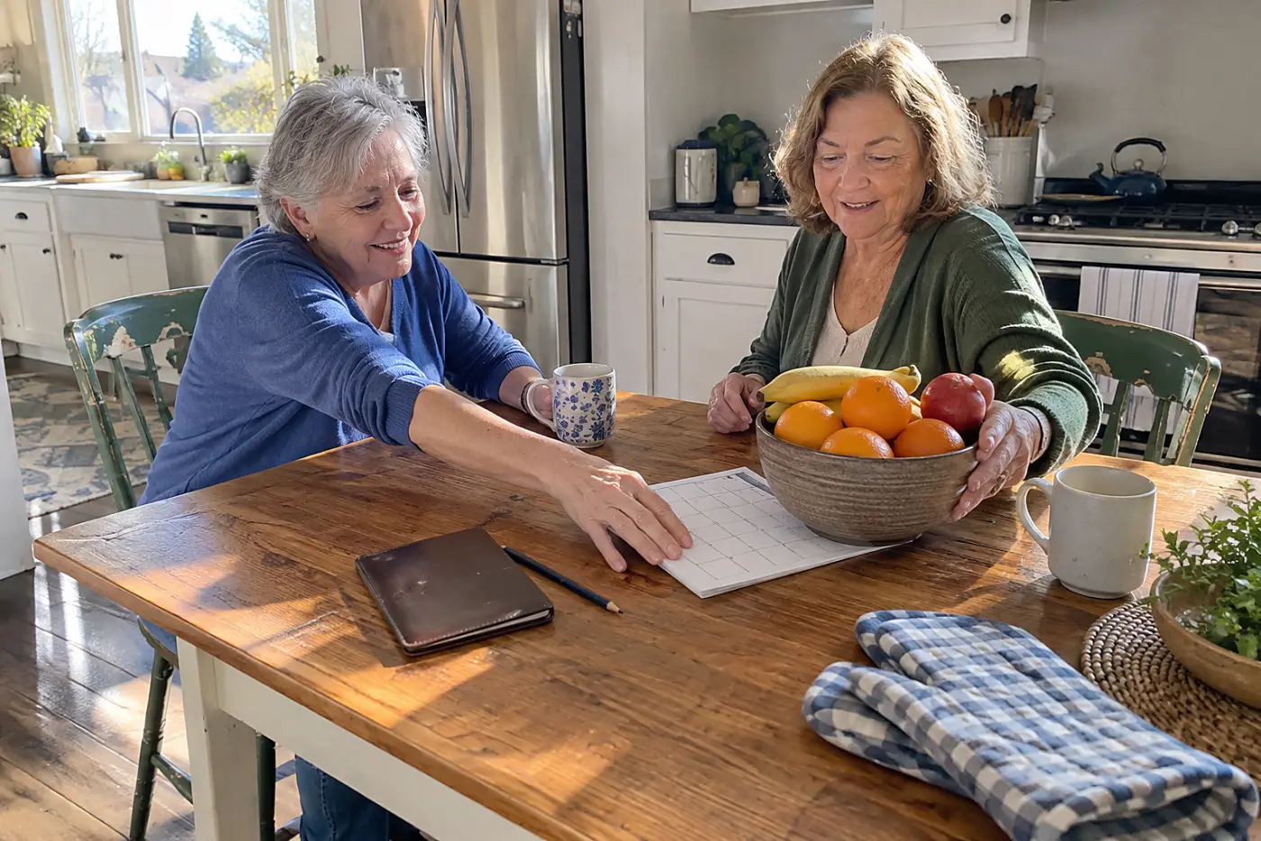 Older woman entering bill dates on a calendar at her kitchen table.