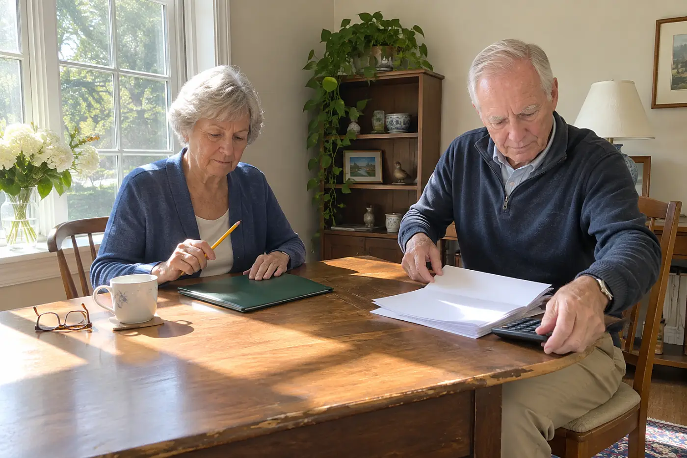 Older woman marking subscription charges on a card statement at her desk.