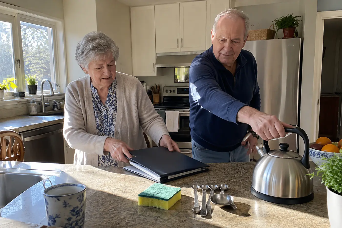 Older woman reviewing a mortgage escrow statement at her kitchen counter.