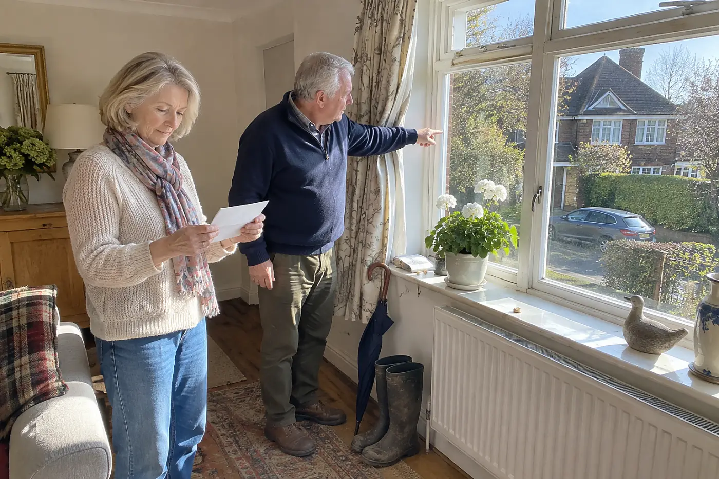 Older woman reading a property tax notice beside her front window.