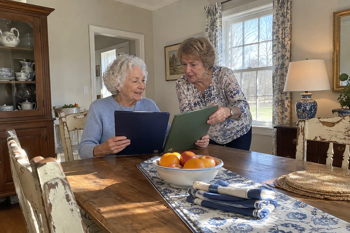 Older woman comparing two insurance policy pages at her dining table.
